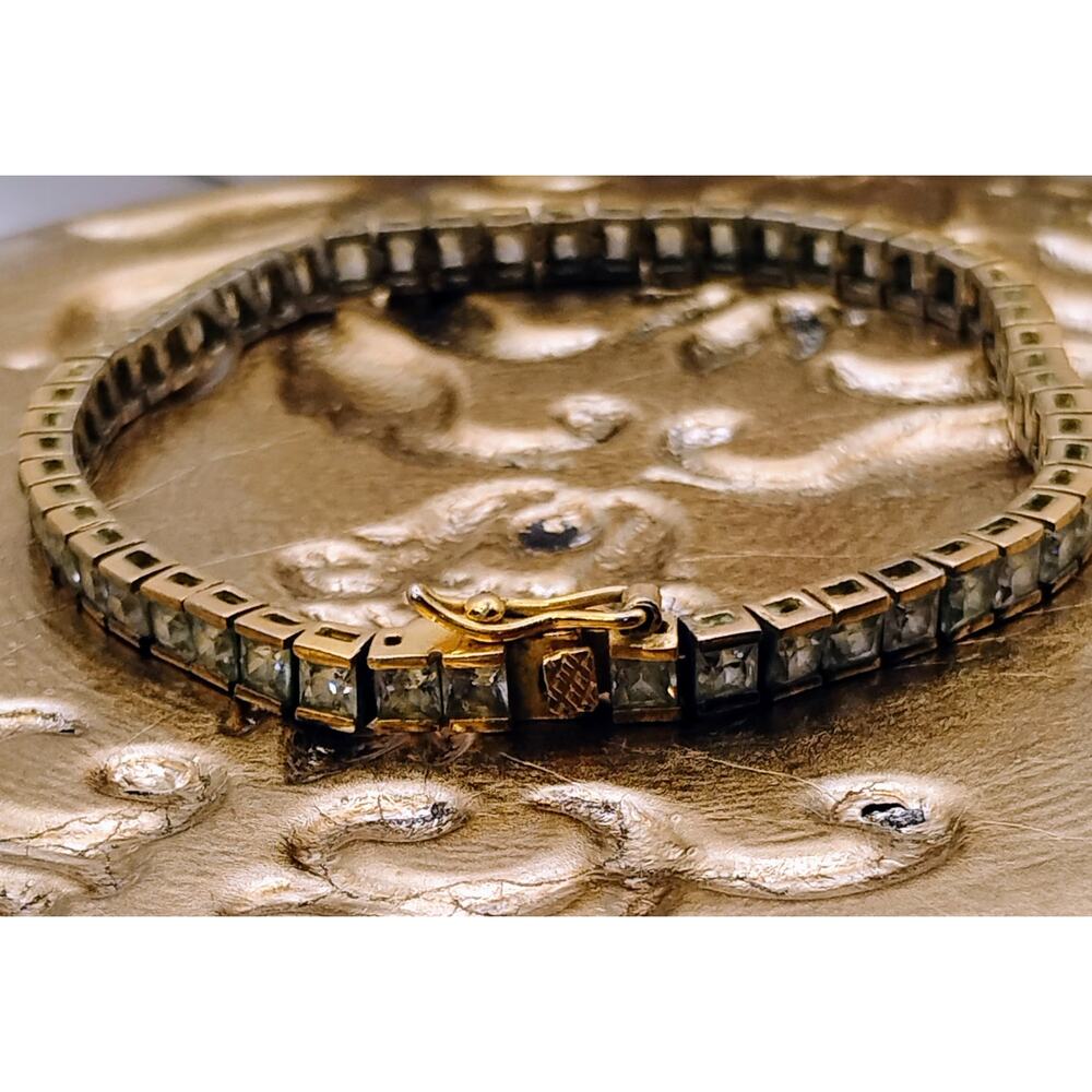 Vintage Rhinestone Tennis Bracelet 7” Gold Tone GBJ Square Cut Classic